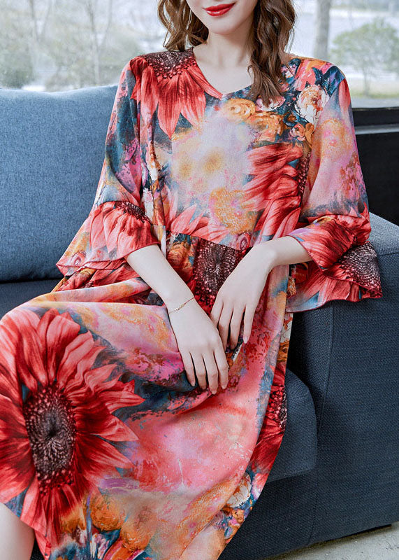 Beautiful Red The Sunflowers Print Patchwork Chiffon Dresses Butterfly Sleeve Ada Fashion