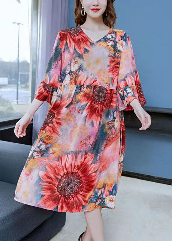 Beautiful Red The Sunflowers Print Patchwork Chiffon Dresses Butterfly Sleeve Ada Fashion