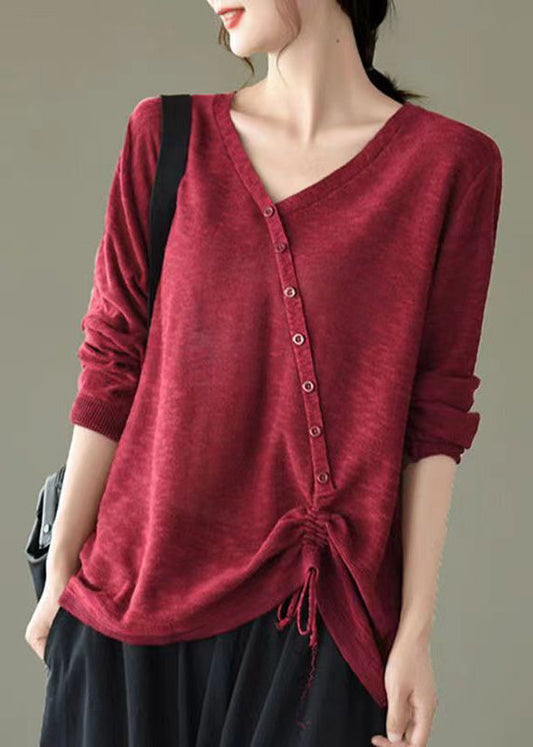 Beautiful Red V Neck Drawstring Patchwork Knitting Top Fall Ada Fashion