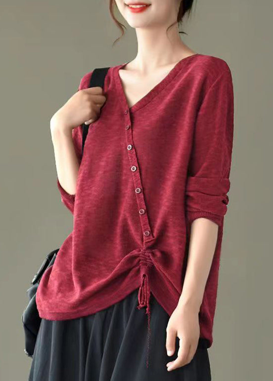 Beautiful Red V Neck Drawstring Patchwork Knitting Top Fall Ada Fashion