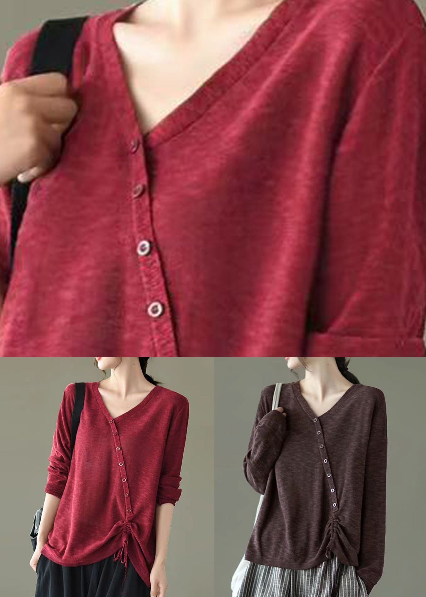 Beautiful Red V Neck Drawstring Patchwork Knitting Top Fall Ada Fashion