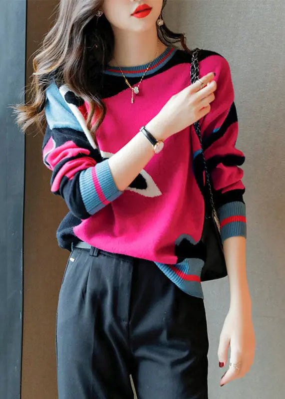 Beautiful Rose O Neck Patchwork Cozy Wool Knit Sweaters Long Sleeve Ada Fashion