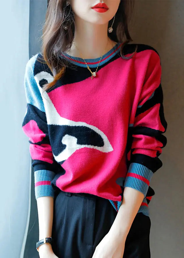 Beautiful Rose O Neck Patchwork Cozy Wool Knit Sweaters Long Sleeve Ada Fashion