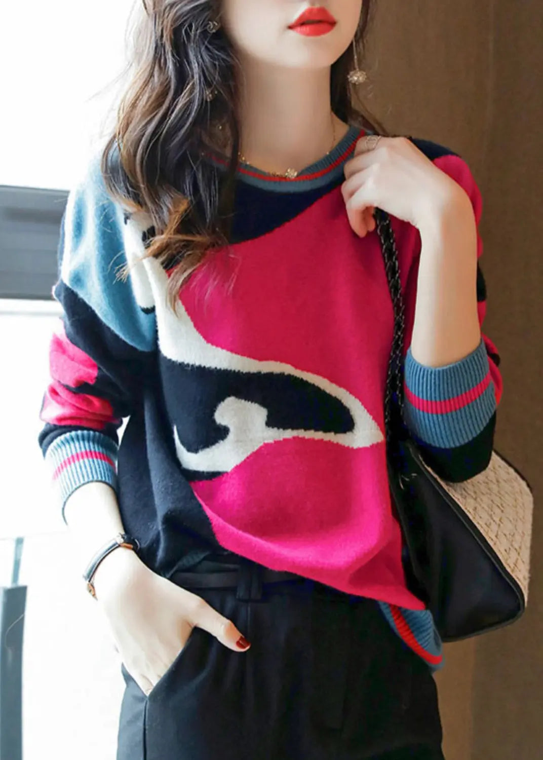 Beautiful Rose O Neck Patchwork Cozy Wool Knit Sweaters Long Sleeve Ada Fashion