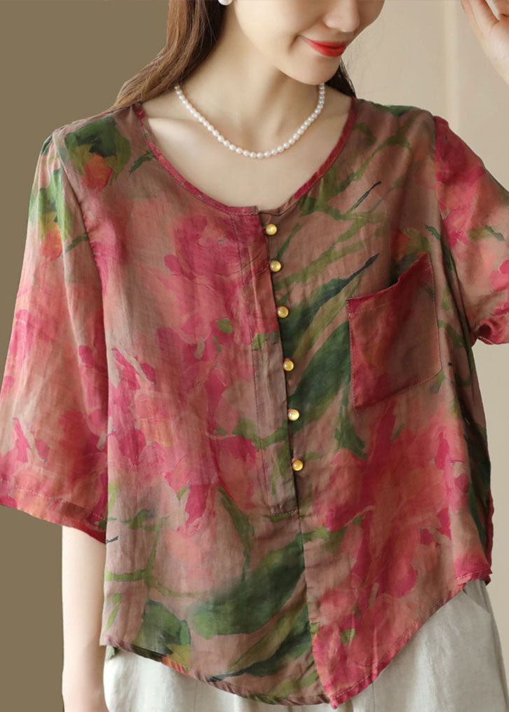 Beautiful Rose O Neck Print Button Patchwork Linen Blouses Tops Summer Ada Fashion