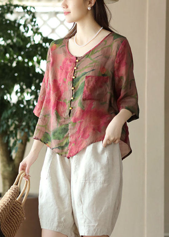 Beautiful Rose O Neck Print Button Patchwork Linen Blouses Tops Summer Ada Fashion