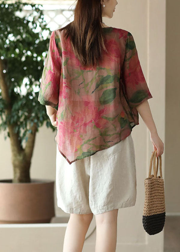 Beautiful Rose O Neck Print Button Patchwork Linen Blouses Tops Summer Ada Fashion