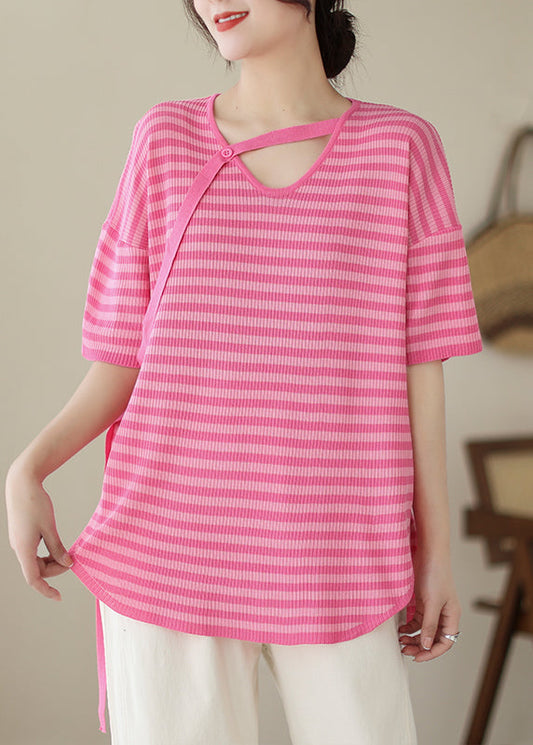 Beautiful Rose V Neck Striped Knit Top Summer LY7323 - fabuloryshop