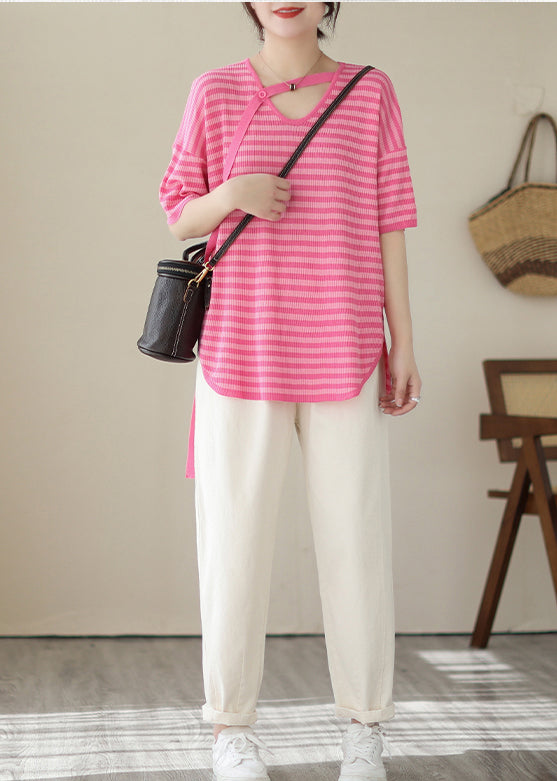 Beautiful Rose V Neck Striped Knit Top Summer LY7323 - fabuloryshop