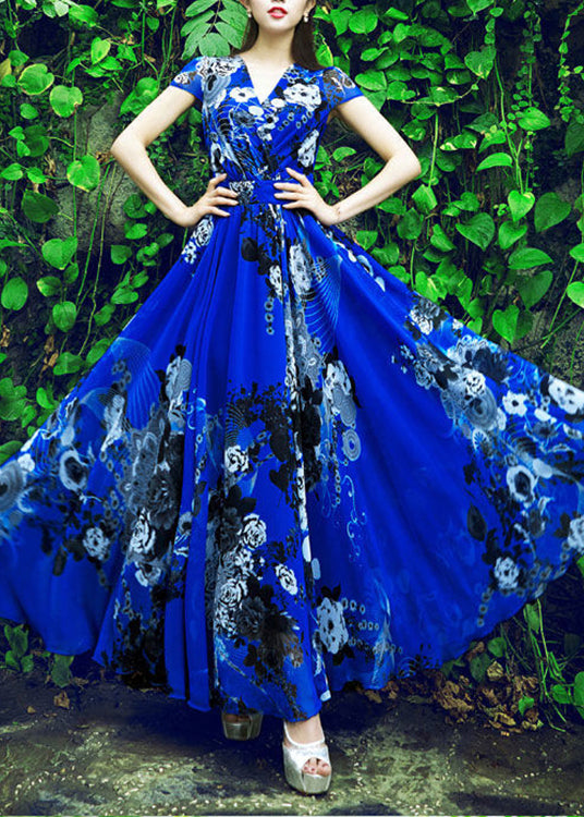 Beautiful Royalblue Print Tunic Chiffon Long Beach Dress Short Sleeve LY1722 - fabuloryshop