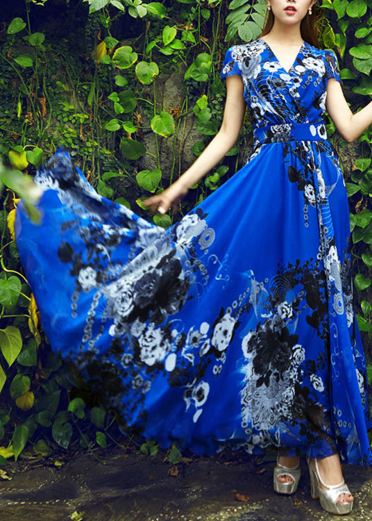 Beautiful Royalblue Print Tunic Chiffon Long Beach Dress Short Sleeve LY1722 - fabuloryshop