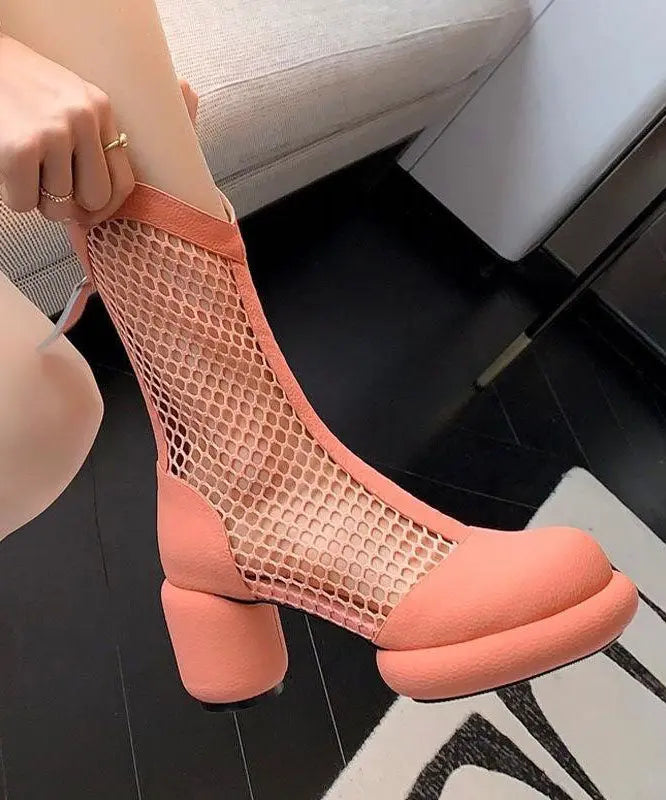 Beautiful Splicing Chunky Boots Pink Breathable Mesh Hollow Out Ada Fashion