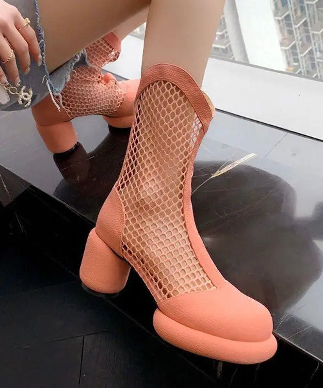 Beautiful Splicing Chunky Boots Pink Breathable Mesh Hollow Out Ada Fashion