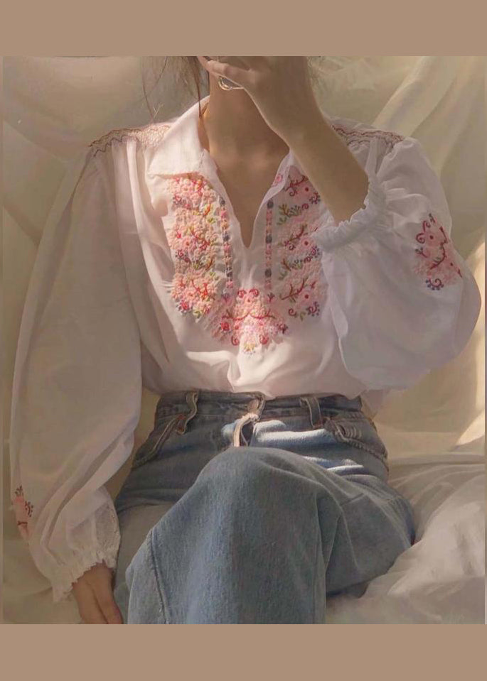 Beautiful White Embroideried Patchwork Chiffon Shirt Fall Ada Fashion