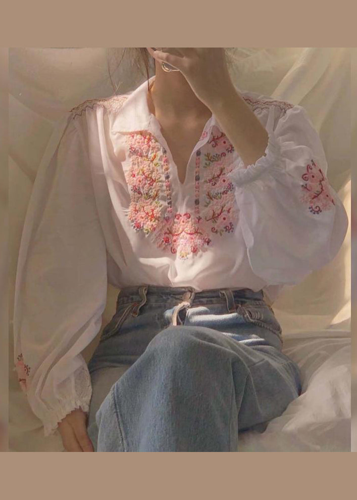 Beautiful White Embroideried Patchwork Chiffon Shirt Fall Ada Fashion