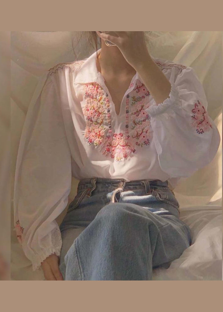 Beautiful White Embroideried Patchwork Chiffon Shirt Fall Ada Fashion