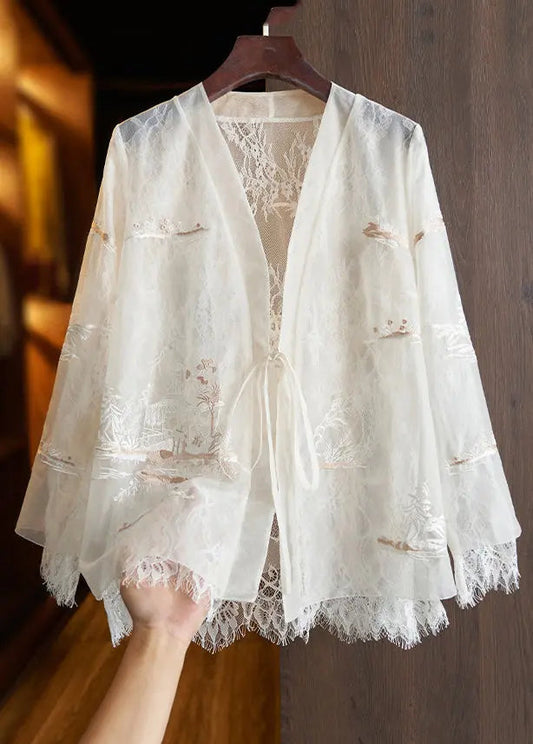 Beautiful White Lace Up Embroideried Lace Patchwork Top Fall Ada Fashion