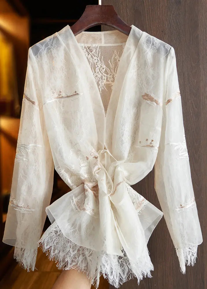 Beautiful White Lace Up Embroideried Lace Patchwork Top Fall Ada Fashion