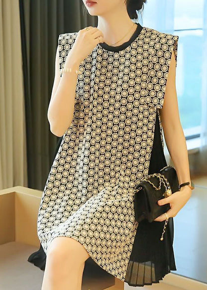 Beautiful White O-Neck Patchwork Print Wrinkled Mini Dress Sleeveless LY1421 - fabuloryshop