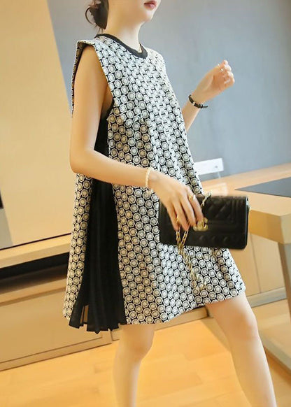 Beautiful White O-Neck Patchwork Print Wrinkled Mini Dress Sleeveless LY1421 - fabuloryshop