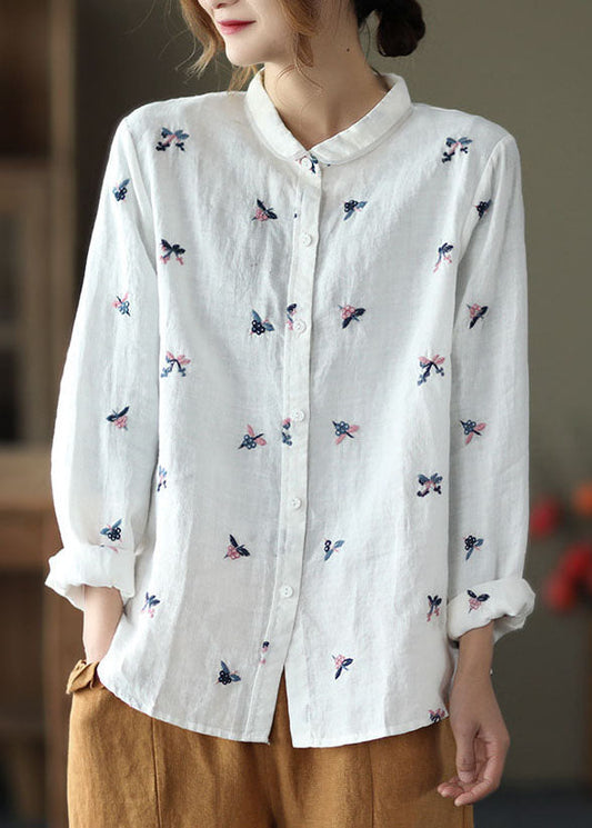 Beautiful White Peter Pan Collar Embroideried Patchwork Linen Top Spring LY6216 - fabuloryshop