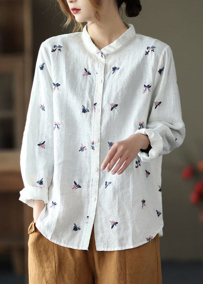 Beautiful White Peter Pan Collar Embroideried Patchwork Linen Top Spring LY6216 - fabuloryshop