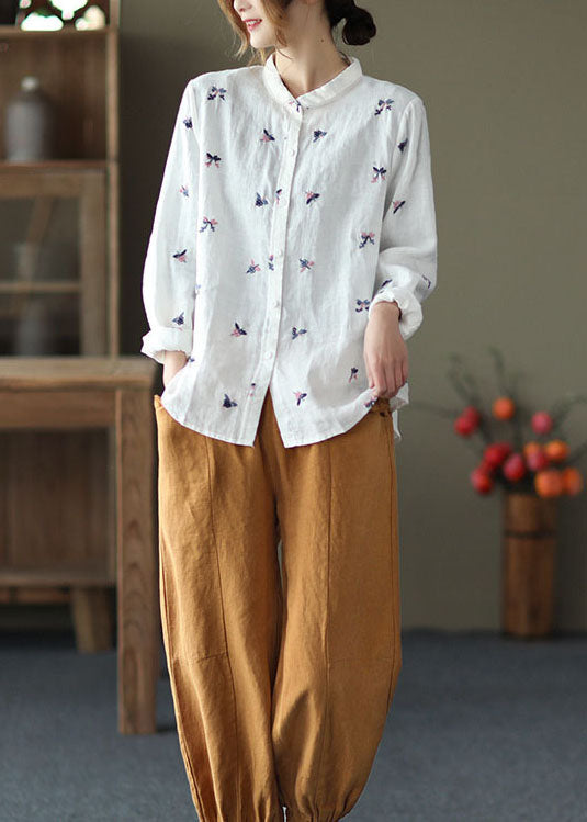 Beautiful White Peter Pan Collar Embroideried Patchwork Linen Top Spring LY6216 - fabuloryshop