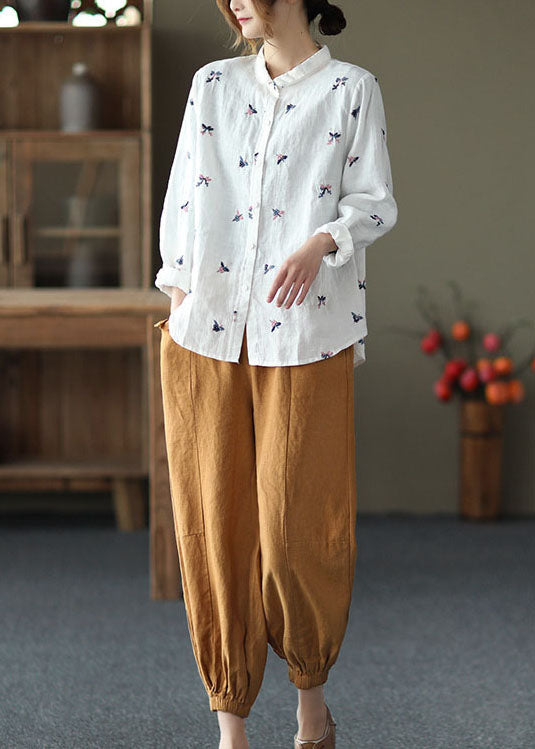 Beautiful White Peter Pan Collar Embroideried Patchwork Linen Top Spring LY6216 - fabuloryshop