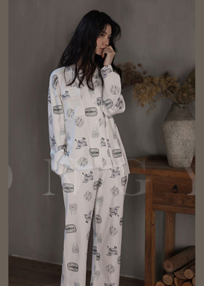 Beautiful White Peter Pan Collar Print Button Cotton Pajamas Two Pieces Set Spring TO1023 - fabuloryshop