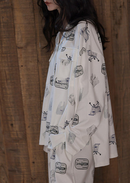 Beautiful White Peter Pan Collar Print Button Cotton Pajamas Two Pieces Set Spring LY1890 - fabuloryshop