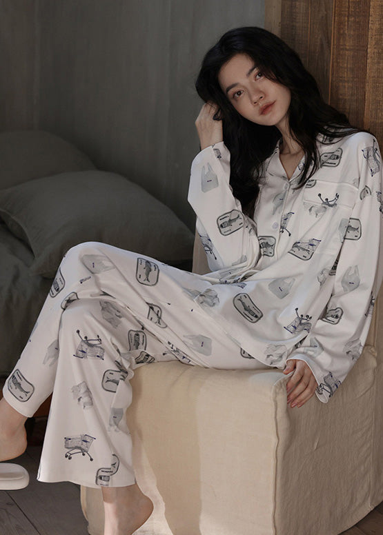 Beautiful White Peter Pan Collar Print Button Cotton Pajamas Two Pieces Set Spring TO1023 - fabuloryshop