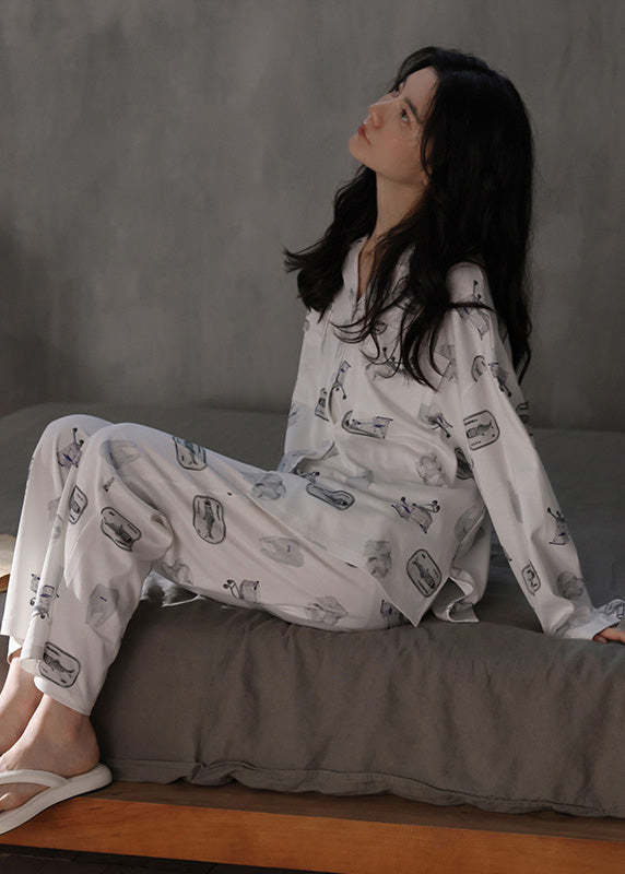 Beautiful White Peter Pan Collar Print Button Cotton Pajamas Two Pieces Set Spring LY1890 - fabuloryshop