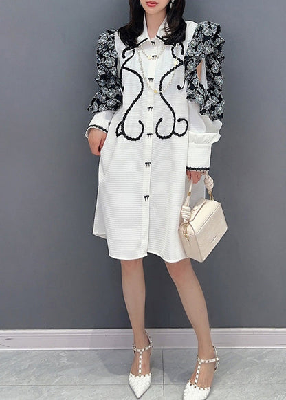 Beautiful White Peter Pan Collar Print Button Maxi Shirts Dresses Puff Sleeve LY4315 - fabuloryshop