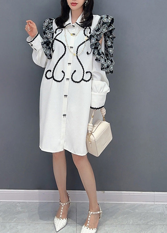 Beautiful White Peter Pan Collar Print Button Maxi Shirts Dresses Puff Sleeve LY4315 - fabuloryshop