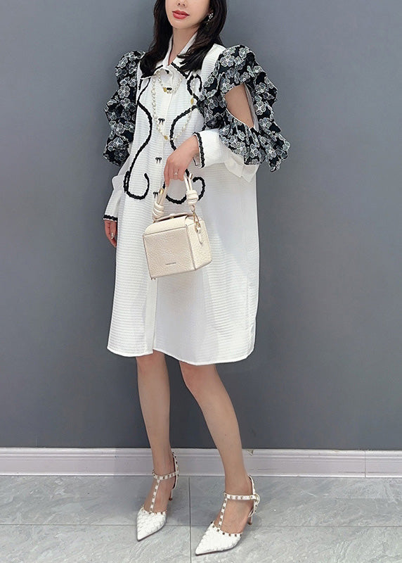 Beautiful White Peter Pan Collar Print Button Maxi Shirts Dresses Puff Sleeve LY4315 - fabuloryshop