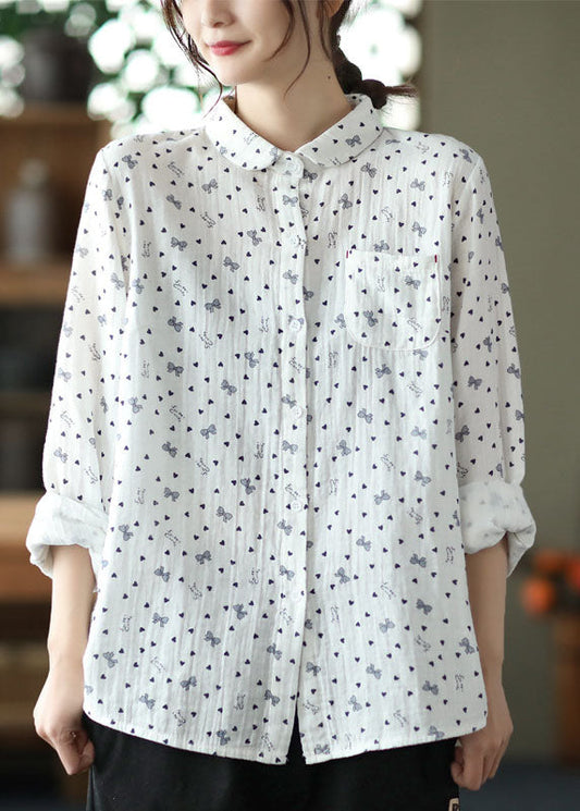 Beautiful White Peter Pan Collar Print Patchwork Cotton Shirts Top Spring LY6264 - fabuloryshop