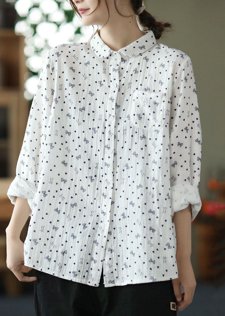 Beautiful White Peter Pan Collar Print Patchwork Cotton Shirts Top Spring LY6264 - fabuloryshop