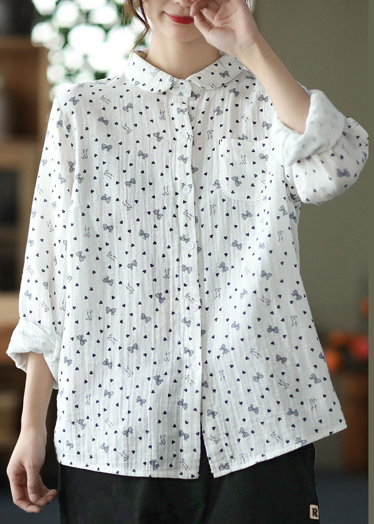 Beautiful White Peter Pan Collar Print Patchwork Cotton Shirts Top Spring LY6264 - fabuloryshop