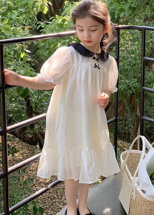 Beautiful White Peter Pan Collar Wrinkled Patchwork Cotton Kids Girls Dress Summer LY5490 - fabuloryshop