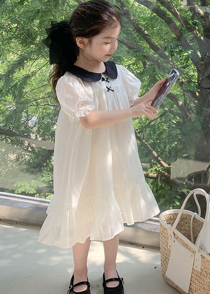 Beautiful White Peter Pan Collar Wrinkled Patchwork Cotton Kids Girls Dress Summer LY5490 - fabuloryshop