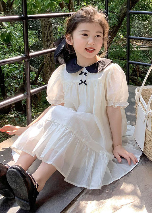 Beautiful White Peter Pan Collar Wrinkled Patchwork Cotton Kids Girls Dress Summer LY5490 - fabuloryshop