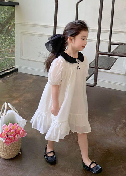 Beautiful White Peter Pan Collar Wrinkled Patchwork Cotton Kids Girls Dress Summer LY5490 - fabuloryshop