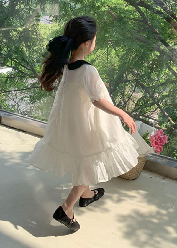 Beautiful White Peter Pan Collar Wrinkled Patchwork Cotton Kids Girls Dress Summer LY5490 - fabuloryshop