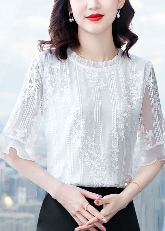 Beautiful White Ruffled Embroideried Patchwork Chiffon Blouse Tops Summer LY0434