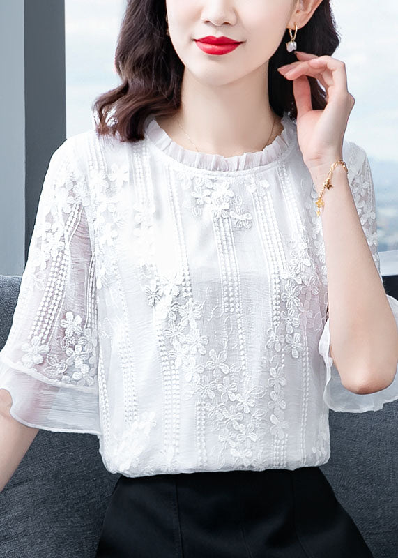 Beautiful White Ruffled Embroideried Patchwork Chiffon Blouse Tops Summer LY0434 - fabuloryshop