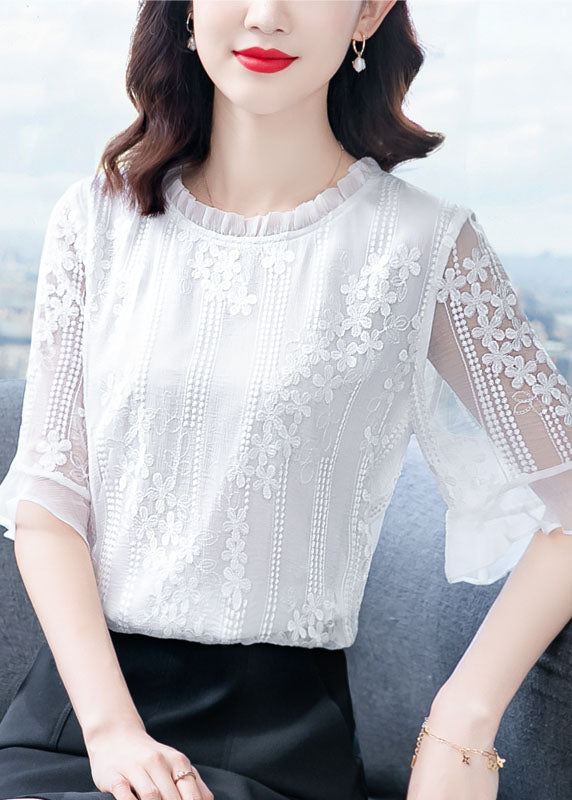 Beautiful White Ruffled Embroideried Patchwork Chiffon Blouse Tops Summer LY0434 - fabuloryshop