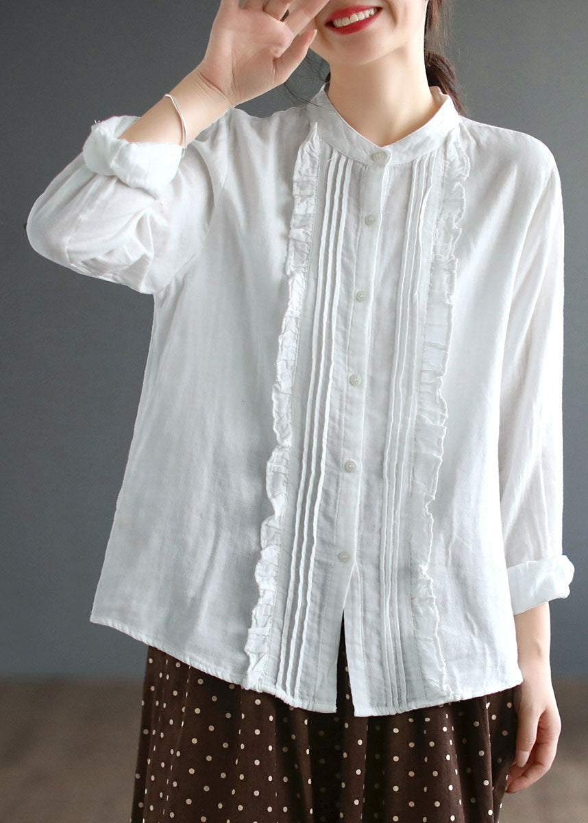 Beautiful White Stand Collar Ruffled Patchwork Cotton Blouse Tops Spring Ada Fashion