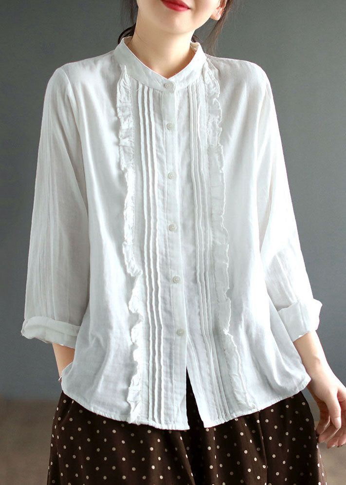 Beautiful White Stand Collar Ruffled Patchwork Cotton Blouse Tops Spring Ada Fashion