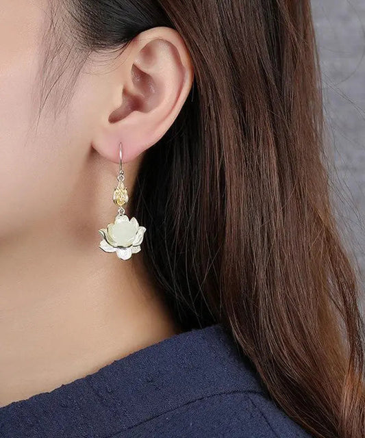 Beautiful White Sterling Silver Jade Lotus Drop Earrings Ada Fashion