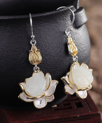 Beautiful White Sterling Silver Jade Lotus Drop Earrings Ada Fashion